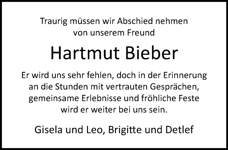  Traueranzeige für Hartmut Bieber vom 27.12.2025 aus 