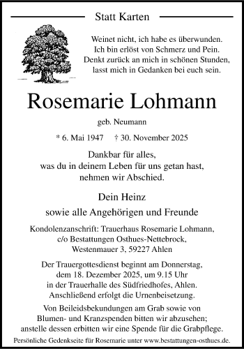 Anzeige von Rosemarie Lohmann 