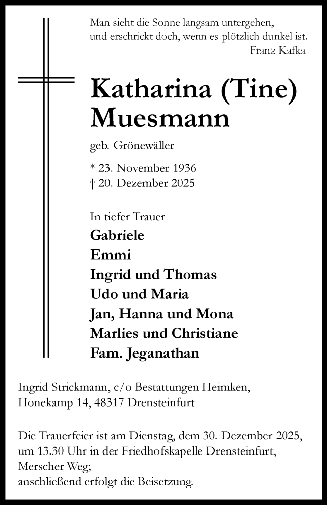  Traueranzeige für Katharina Tine Muesmann vom 27.12.2025 aus 
