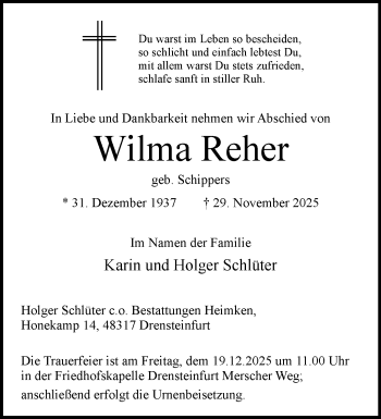 Anzeige von Wilma Reher 