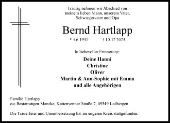 Anzeige von Bernd Hartlapp 