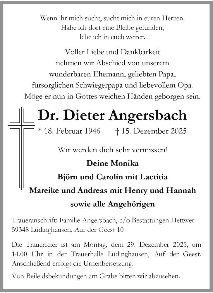  Traueranzeige für Dr. Dieter Angersbach vom 22.12.2025 aus 