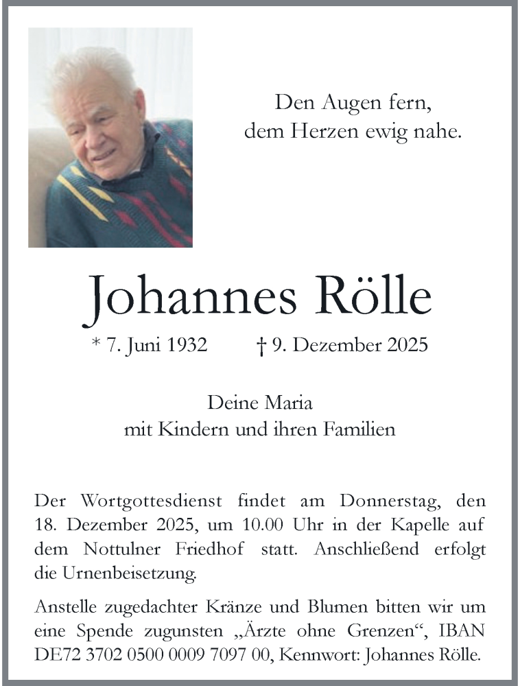  Traueranzeige für Johannes Rölle vom 13.12.2025 aus 