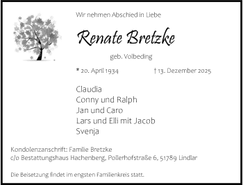 Anzeige von Renate Bretzke 