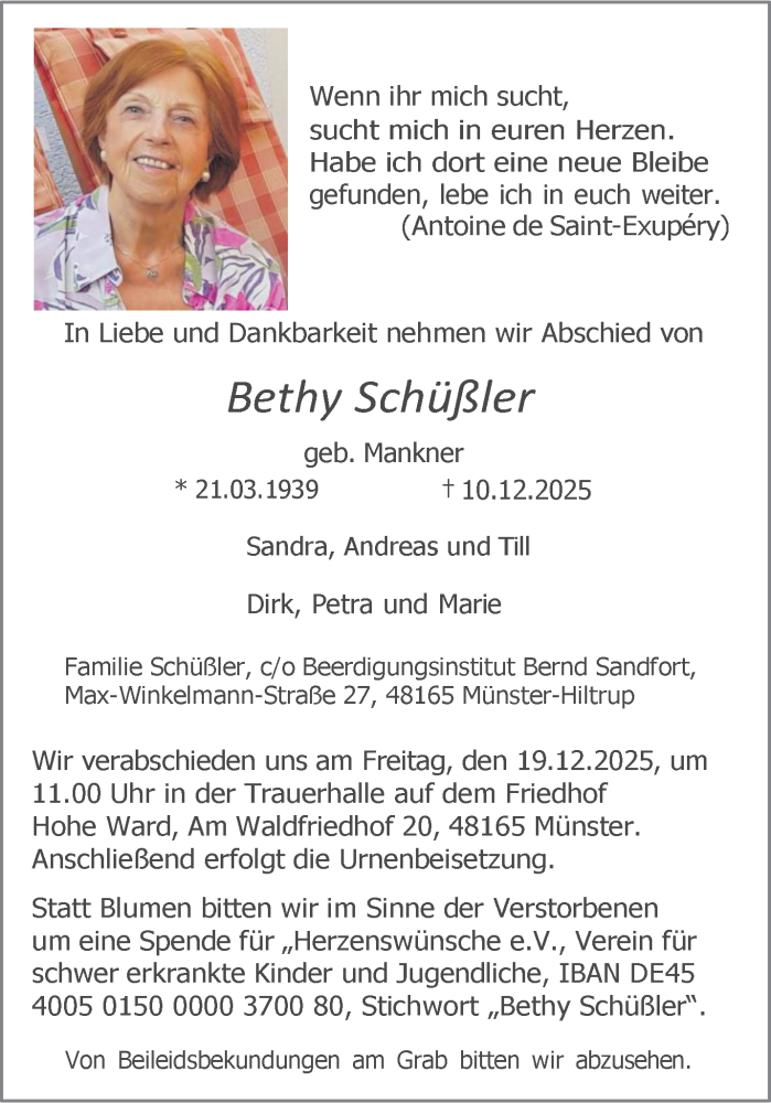  Traueranzeige für Bethy Schüßler vom 13.12.2025 aus 