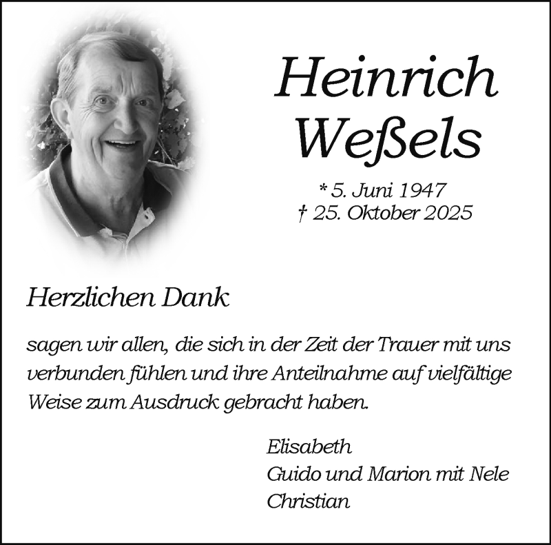 Traueranzeige für Heinrich Weßels vom 27.12.2025 aus 