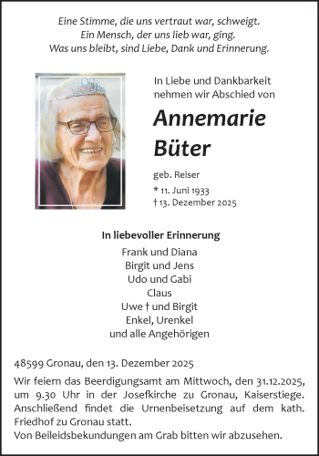 Anzeige von Annemarie Büter 