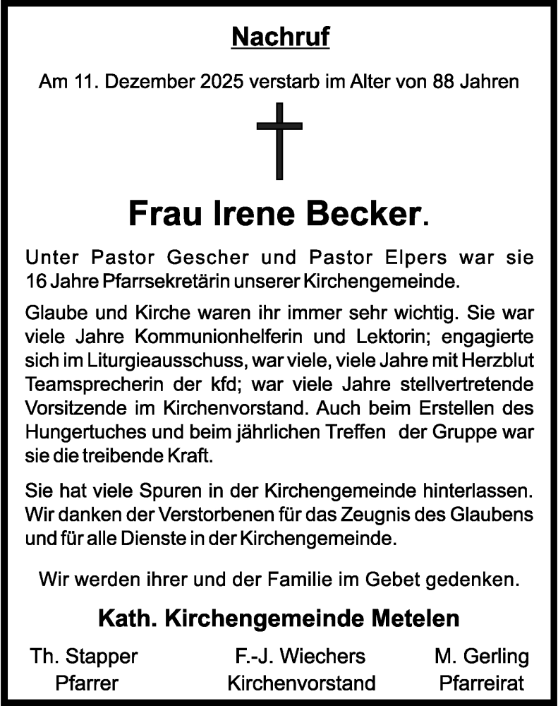  Traueranzeige für Irene Becker vom 19.12.2025 aus 
