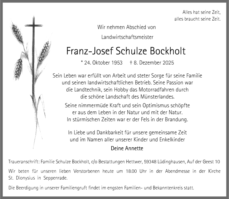  Traueranzeige für Franz-Josef Schulze Bockholt vom 13.12.2025 aus 