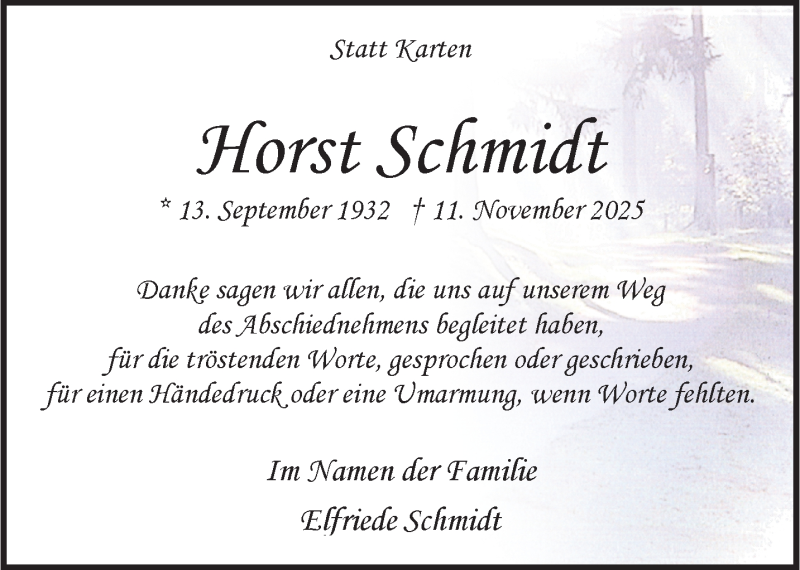  Traueranzeige für Horst Schmidt vom 20.12.2025 aus 