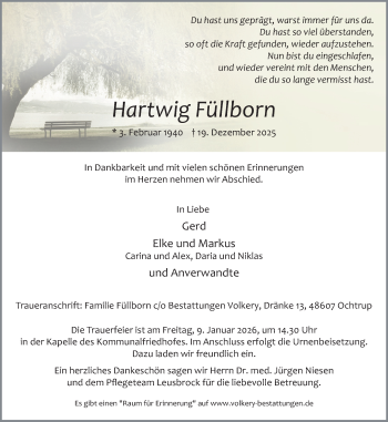 Anzeige von Hartwig Füllborn 