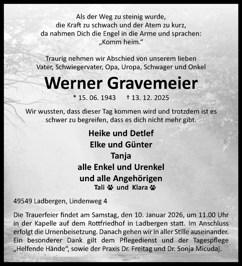  Traueranzeige für Werner Gravemeier vom 27.12.2025 aus 