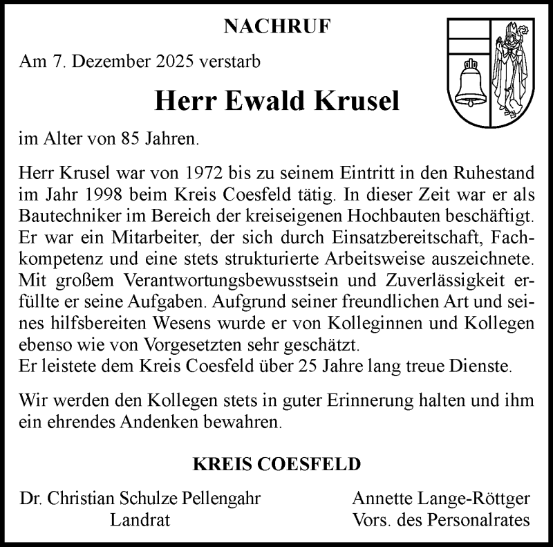  Traueranzeige für Ewald Krusel vom 19.12.2025 aus 