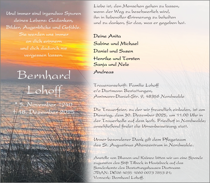 Traueranzeige für Bernhard Lohoff vom 24.12.2025 aus 