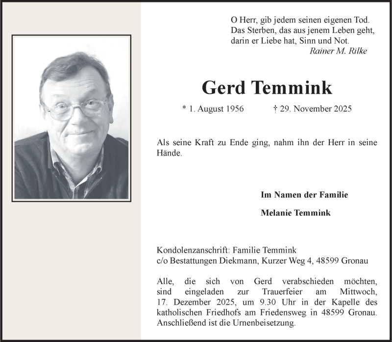  Traueranzeige für Gerd Temmink vom 13.12.2025 aus 