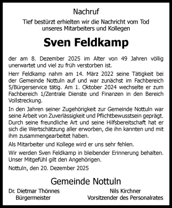 Anzeige von Sven Feldkamp 