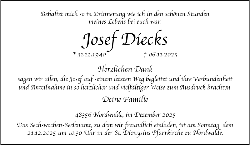  Traueranzeige für Josef Diecks vom 13.12.2025 aus 