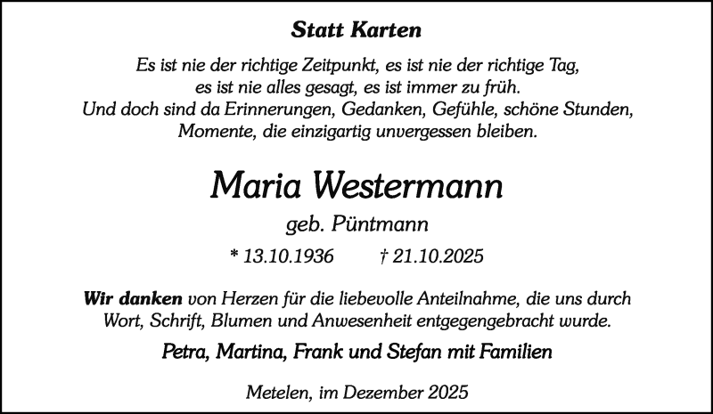  Traueranzeige für Maria Westermann vom 16.12.2025 aus 