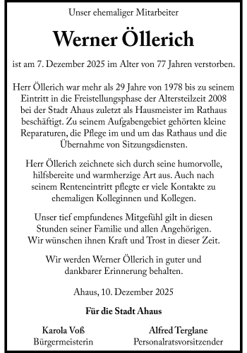 Anzeige von Werner Öllerich 
