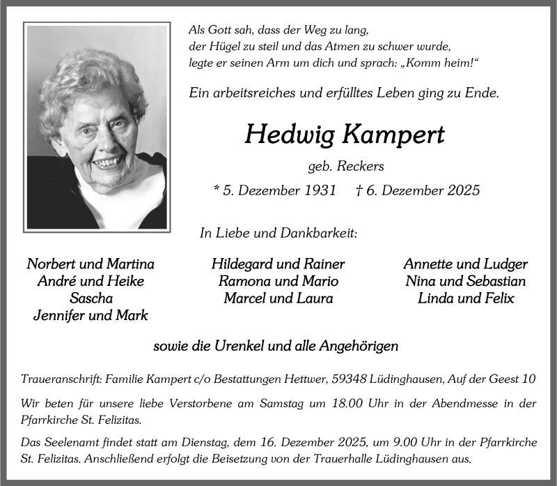  Traueranzeige für Hedwig Kampert vom 10.12.2025 aus 