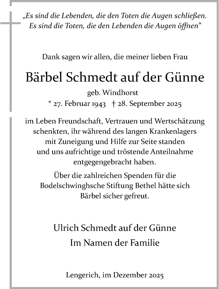  Traueranzeige für Bärbel Schmedt auf der Günne vom 06.12.2025 aus 