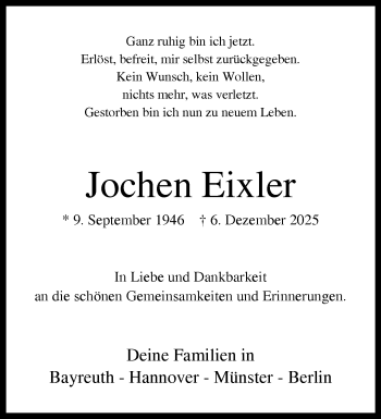 Anzeige von Jochen Eixler 