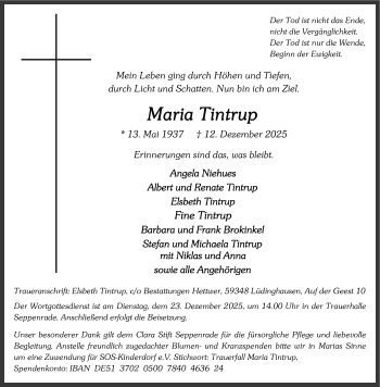 Anzeige von Maria Tintrup 