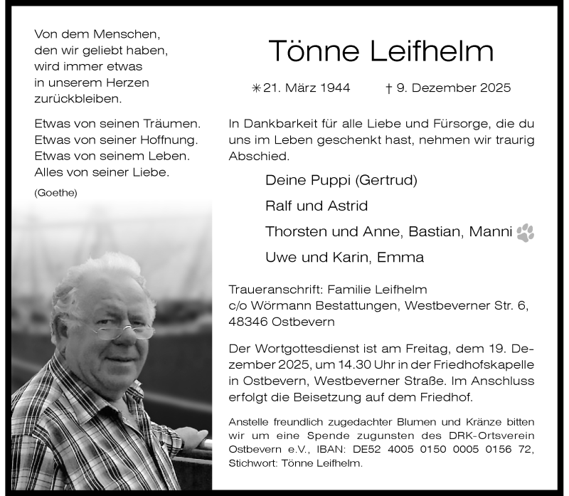 Traueranzeige für Tönne Leifhelm vom 13.12.2025 aus 