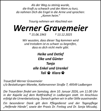 Anzeige von Werner Gravemeier 