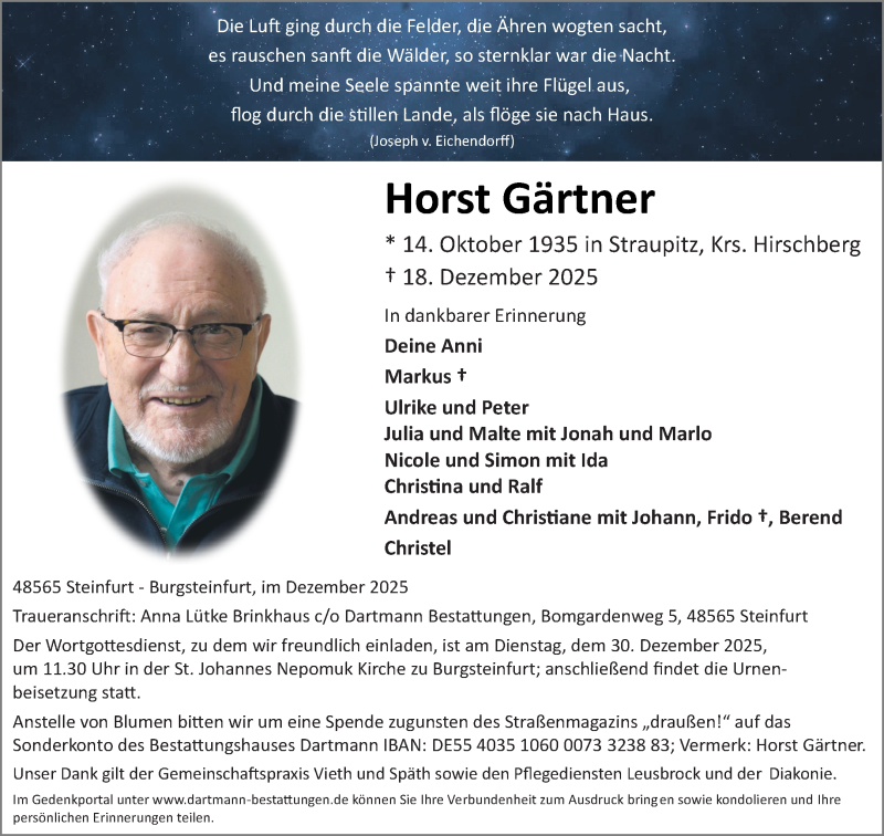  Traueranzeige für Horst  Gärtner vom 22.12.2025 aus 