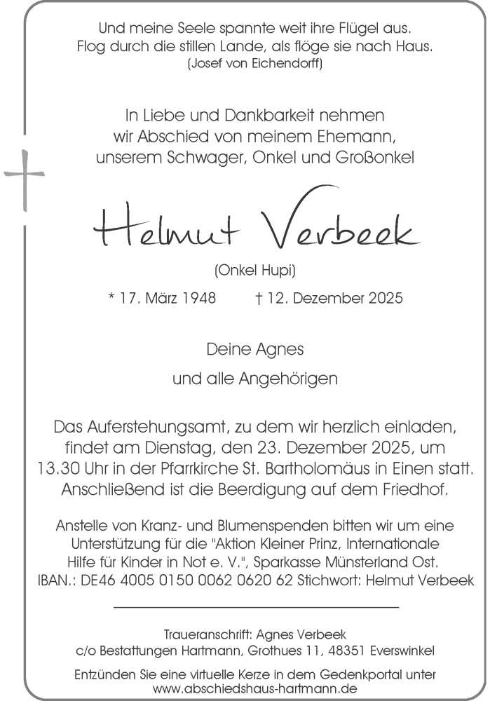  Traueranzeige für Helmut Verbeek vom 20.12.2025 aus 