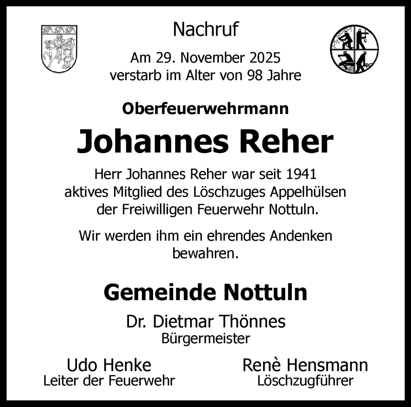  Traueranzeige für Johannes Reher vom 06.12.2025 aus 