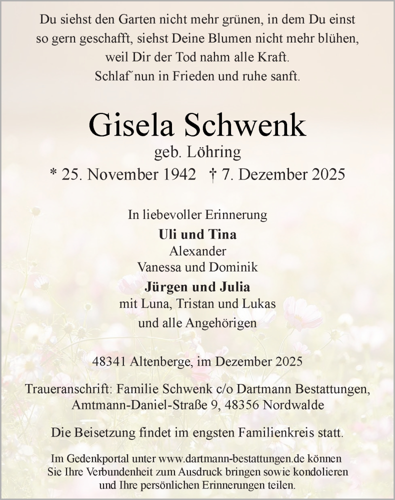  Traueranzeige für Gisela Schwenk vom 13.12.2025 aus 