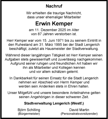 Anzeige von Erwin Kemper 