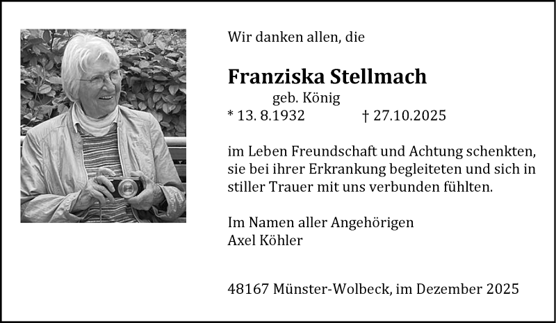  Traueranzeige für Franziska Stellmach vom 20.12.2025 aus 