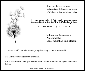 Anzeige von Heinrich Dieckmeyer 