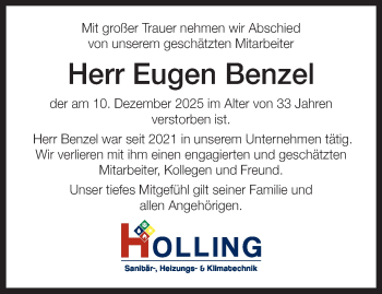 Anzeige von Eugen Benzel 