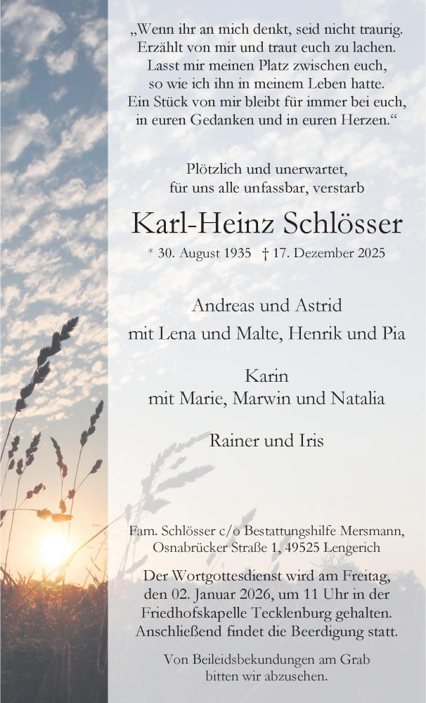  Traueranzeige für Karl-Heinz Schlösser vom 27.12.2025 aus 