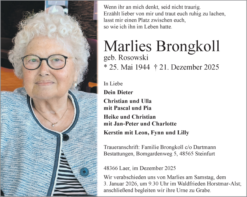  Traueranzeige für Marlies Brongkoll vom 27.12.2025 aus 