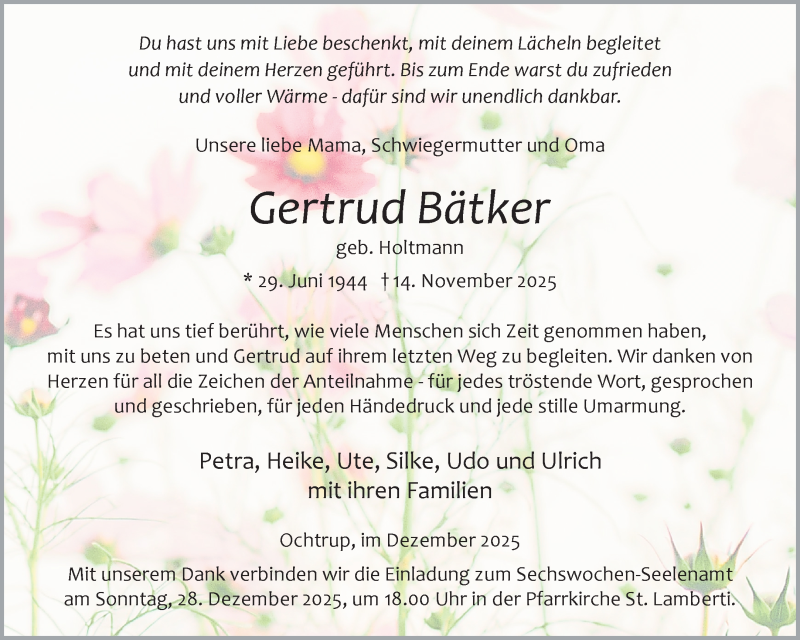  Traueranzeige für Gertrud Bätker vom 23.12.2025 aus 