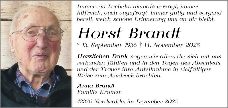  Traueranzeige für Horst Brandt vom 06.12.2025 aus 