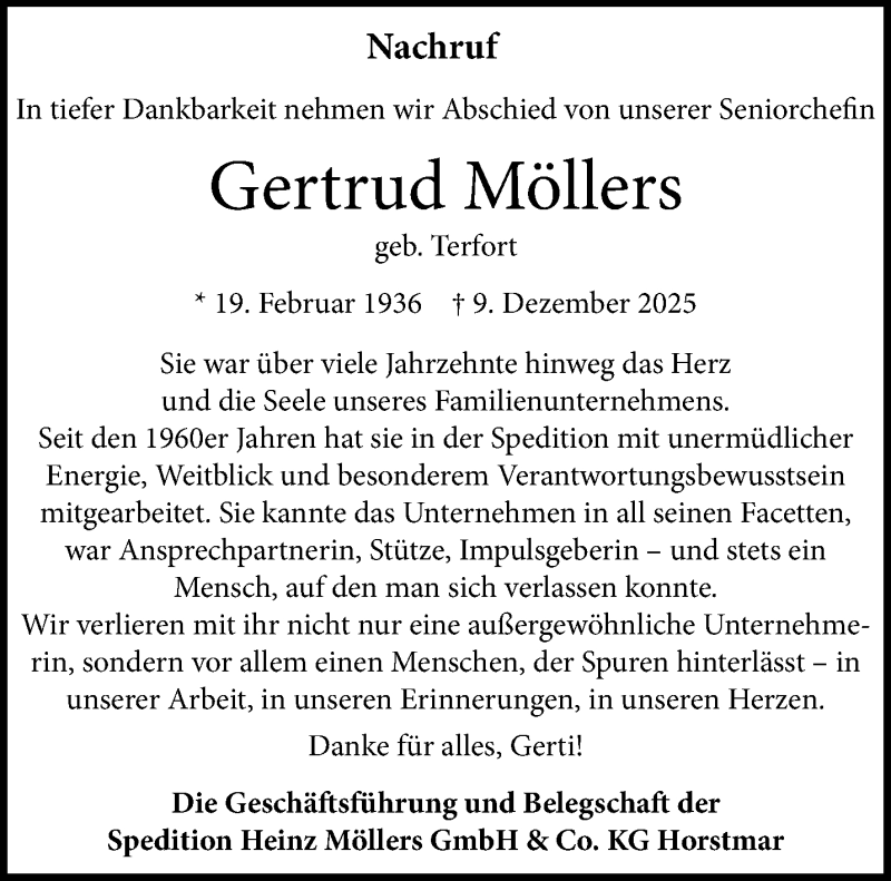  Traueranzeige für Gertrud Möllers vom 13.12.2025 aus 