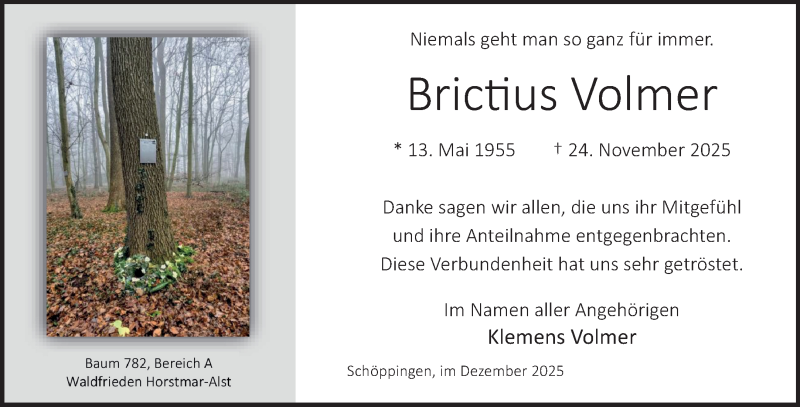  Traueranzeige für Brictius Volmer vom 27.12.2025 aus 