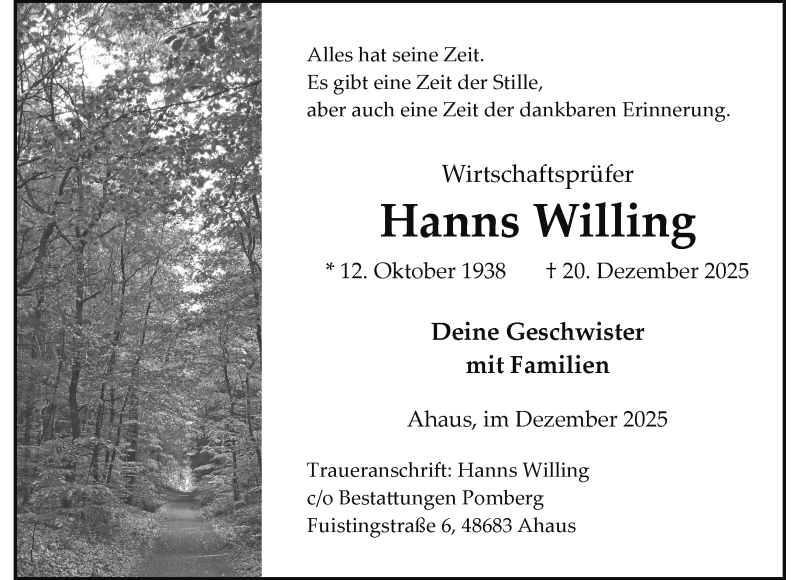  Traueranzeige für Hanns Willing vom 30.12.2025 aus 