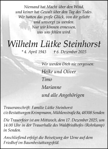 Anzeige von Wilhelm Lütke Steinhorst 