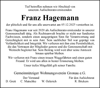 Anzeige von Franz Hagemann 
