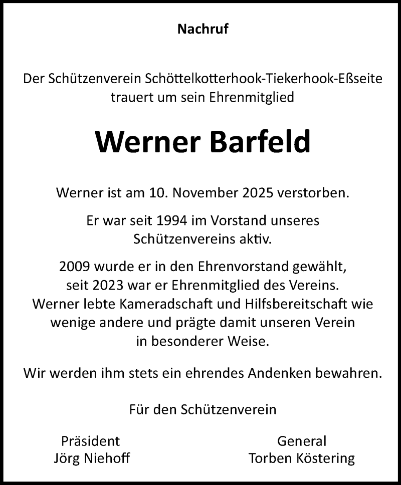  Traueranzeige für Werner Barfeld vom 06.12.2025 aus 