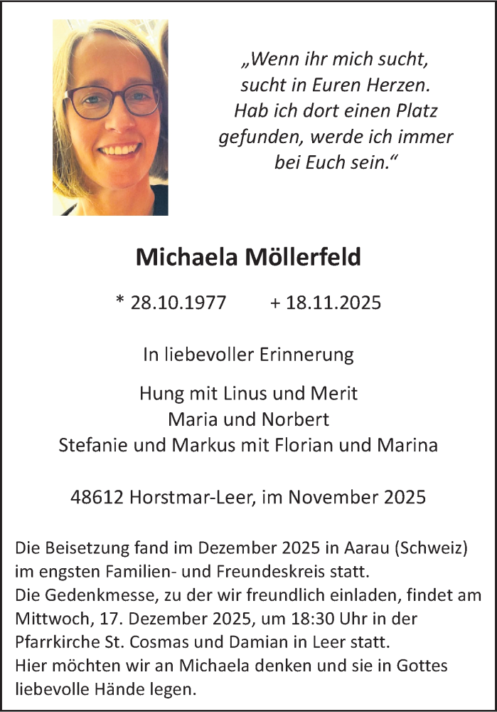  Traueranzeige für Michaela Möllerfeld vom 13.12.2025 aus 