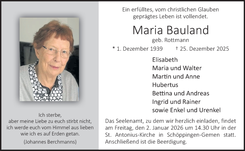  Traueranzeige für Maria Bauland vom 31.12.2025 aus 