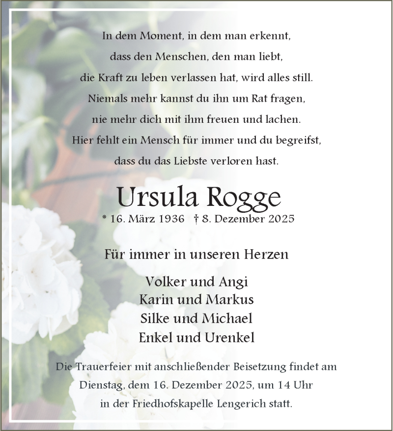  Traueranzeige für Ursula Rogge vom 13.12.2025 aus 